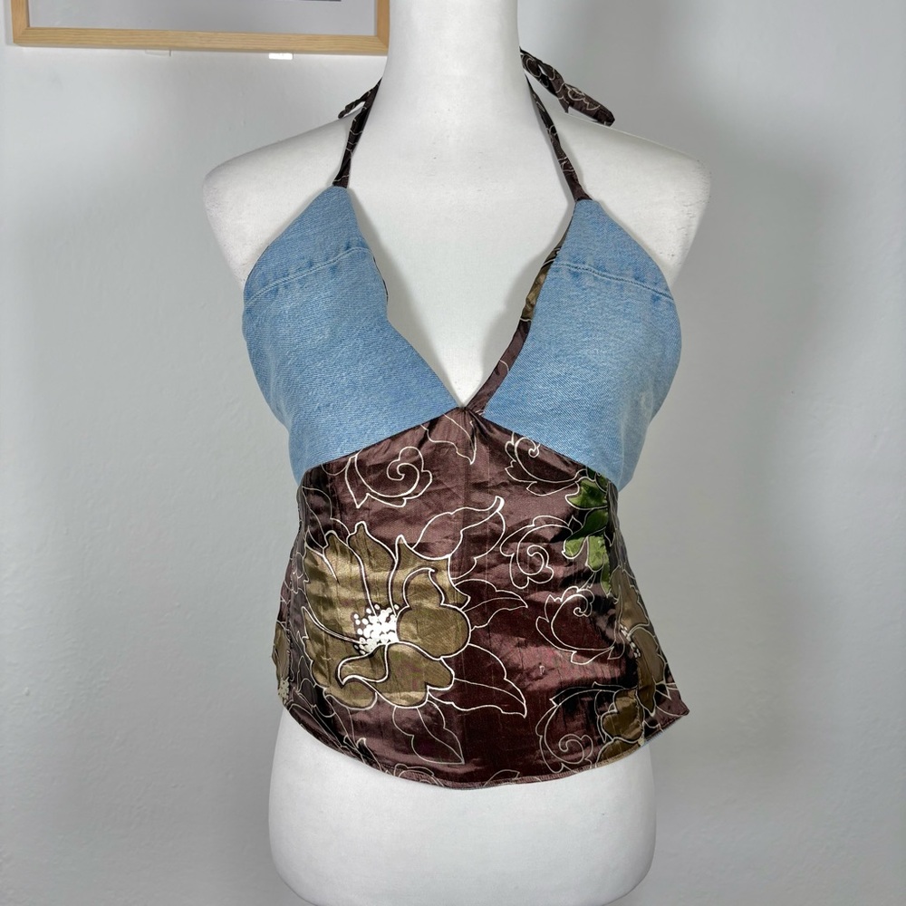 Y2k Handmade Denim Silk Halter Top